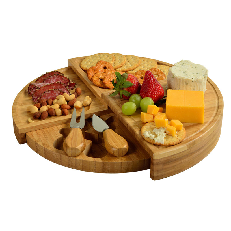 Collapsible, portable, bamboo, charcuterie and serving board with cheese knife and fork in hidden storage by Picnic At Ascot