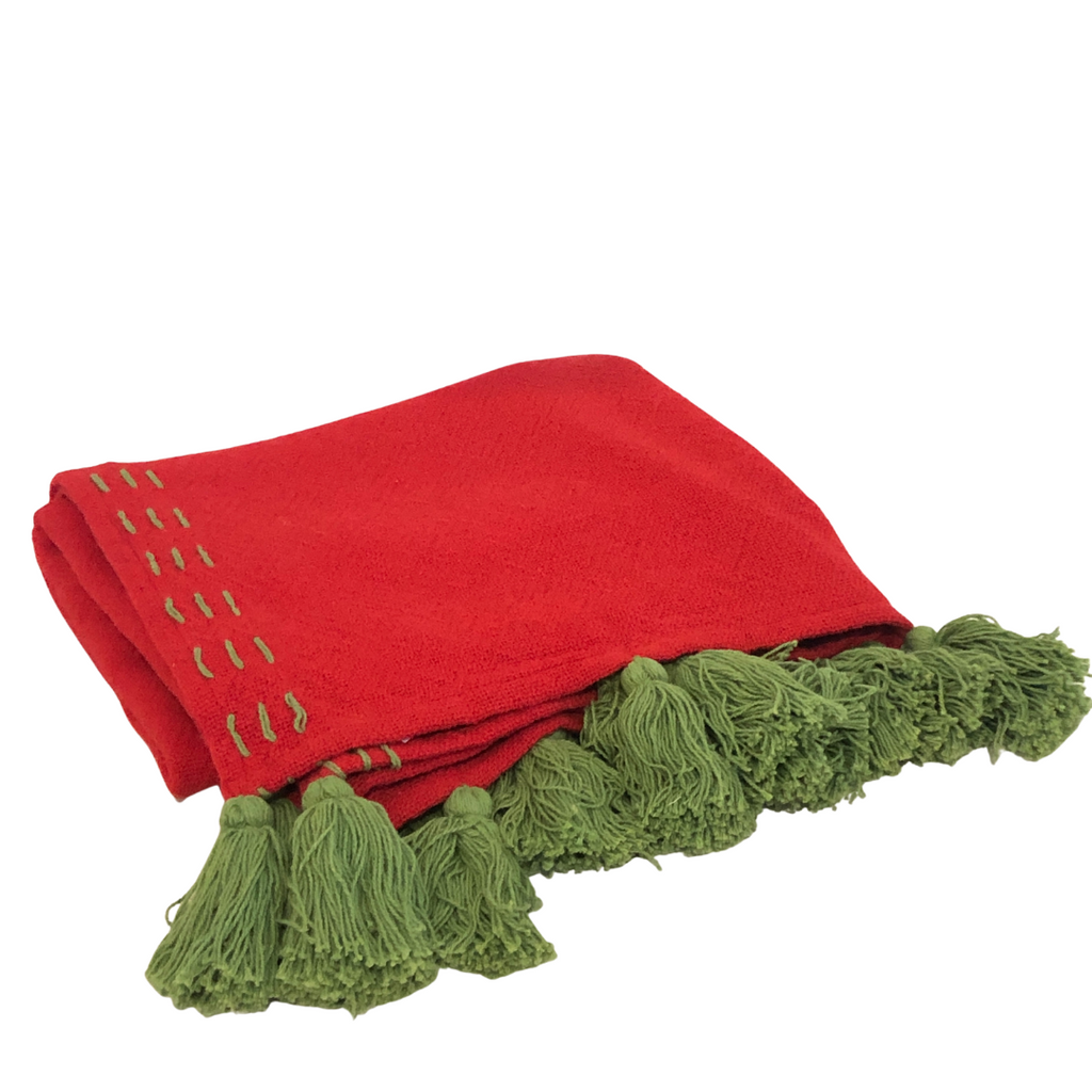 Throw Blanket-Red Kantha Stitch and Green Tassels