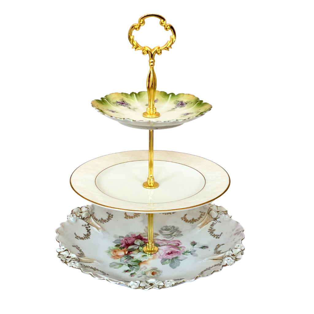 Three-tiered server with mismatched china, shabby chic, English cottage