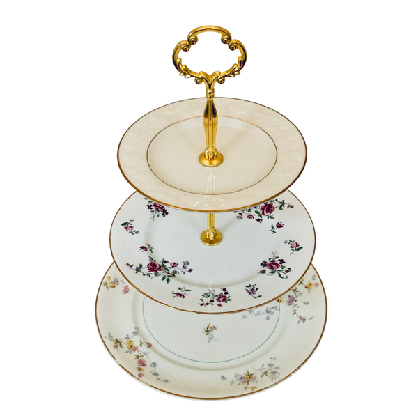 Three-tiered server with mismatched china, shabby chic, English cottage