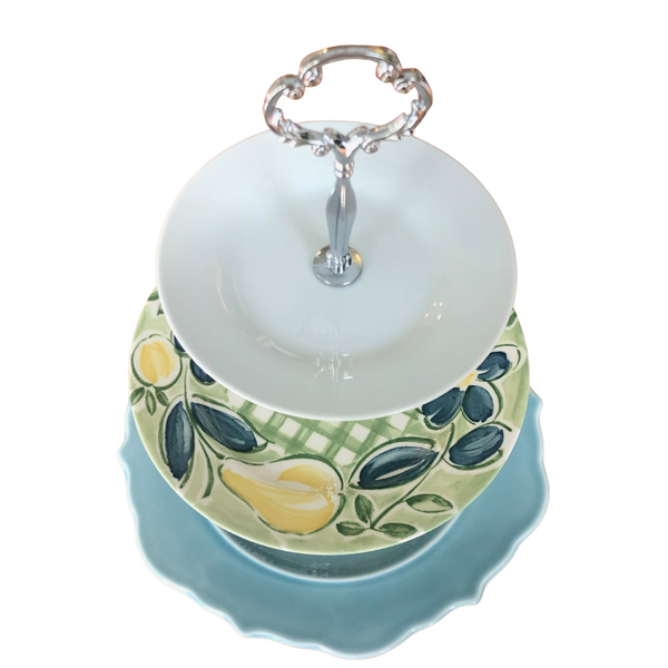 Three-Tiered Server/Cake Stand, Teal With Yellow Fruit
