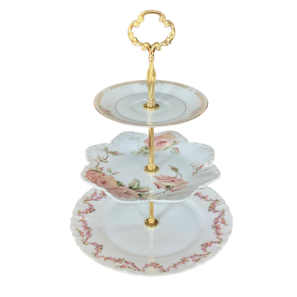 Three-Tiered Server/ Cake Stand, Three Pink Florals  Cottage Style, Shabby Chic
