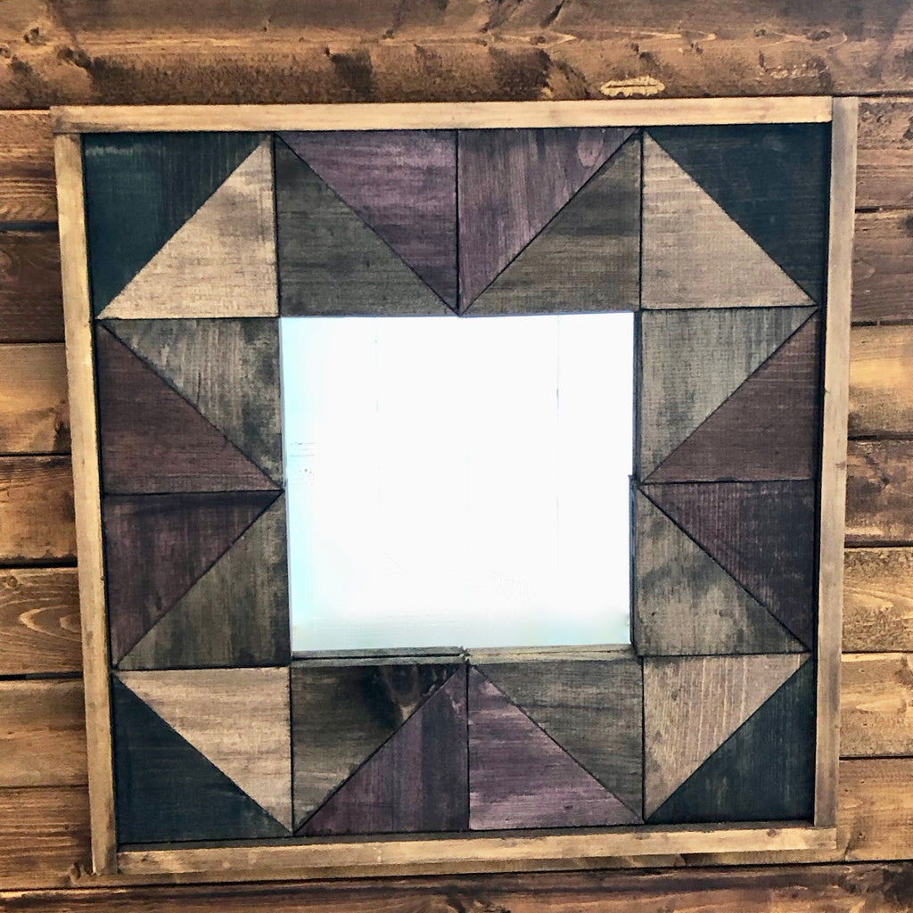 Mirror, 2'x2' square, wood, scrap wood, geometric, stained, framed