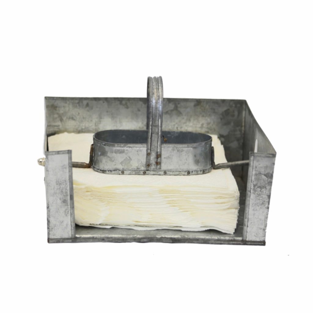 Galvanized metal, farmhouse style napkin caddy with salt and pepper holder